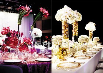 테이블 위 뭉게뭉게 피어오른 꽃구름과 비스듬히 꽂은 꽃장식은 제프 레섬의 대표 꽃 장식이다. 신라호텔 제공