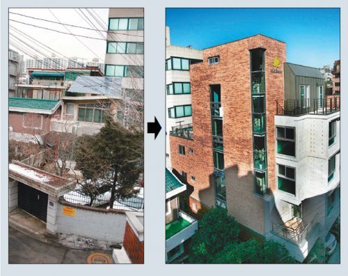 서울 동작구 상도동 도시형생활주택 건축 전후 모습. 총 사업비 7억 원 중 1억9000만 원을 국민주택기금을 통해 대출받았다. 수목건축 제공