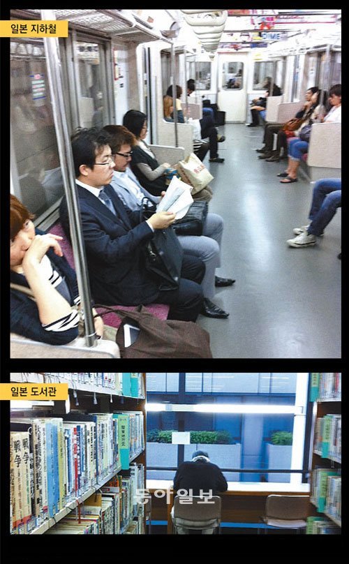 일본 지하철 승객의 대부분은 휴식을 취하거나 일부 책을 보는 경우가 많았다.(위 사진) 일본 도서관은 천장의 주 조명 외에 개인별로 책상 위에 보조 조명이 있어 눈의 피로를 줄이고 있었다.