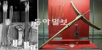 태조 이성계가 사용하던 각궁과 화살 등 (왼쪽),  오스트리아 빈 미술사박물관(Kunsthistorisches Museum)에서 소장하고 있는 15세기의 석궁.국사편찬위원회 제공· 위키피디아