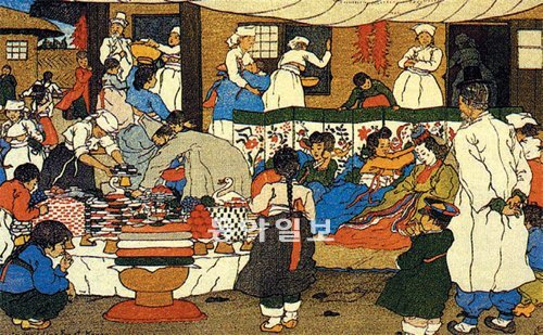 ‘시골 결혼잔치’ 1921년, 채색 목판화. 엘리자베스 키스는 한국의 일상적인 모습을 즐겨 그렸다. 그림 속 20여 명의 동작과 표정이 아주 사실적이다. 책과함께 제공
