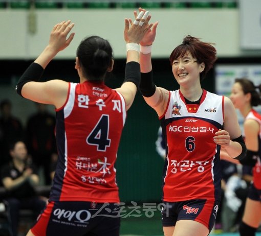 KGC인삼공사 장소연(오른쪽)이 8일 도로공사와의 경기에서 블로킹 득점에 성공한 뒤 한수지와 하이파이브 하고 있다. 성남｜김종원 기자 won@donga.com 트위터@beanjjun