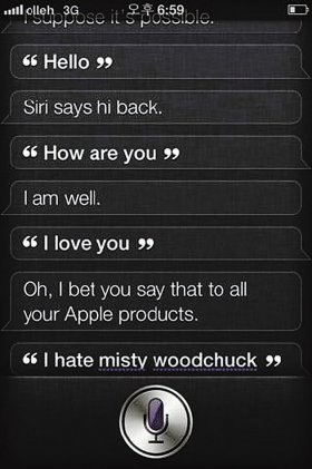 ‘시리’는 묻는 말에 똑똑하게 대답했다. 기자가 시리에게 “사랑한다”고 말하자 “내가 장담하는데 당신은 모든 애플 제품에게 사랑한다고 말한다”는 재치 있는 답변이 돌아왔다.