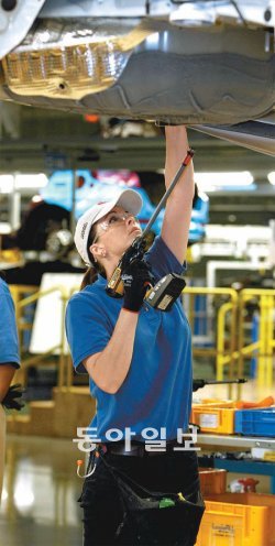 바쁜 조립라인 9일(현지 시간) 미국 조지아 주 웨스트포인트의 기아자동차 공장에서 한 여성 근로자가 차량을 조립하고 있다. 올해 현대자동차그룹의 미국시장 판매량이 처음으로 연간 100만 대를 넘길 것으로 전망된다. 현대차그룹 제공
