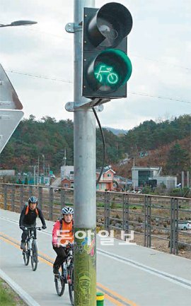 차로와 교차되는 곳에 설치된 자전거교통신호등.
