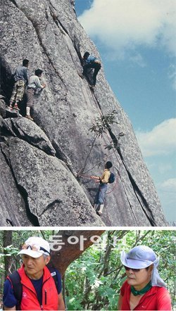 1971년 여름 북한산 인수봉에 새 길을 개척 중인 서울대 의대 산악부원들. 아래 사진은 당시 멤버였던 오규철(왼쪽) 이병달 씨. 진태훈 씨 제공