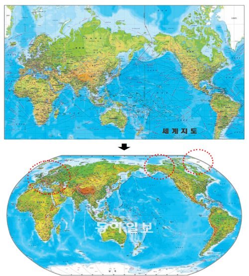 극지방으로 갈수록 실제 면적보다 크게 그려진 기존 지도(위)와 달리 21일 공개된 새 세계지도(아래)에서는 유럽 대륙과 그린란드, 알래스카의 크기가 대폭 줄었다. 국토지리정보원 제공