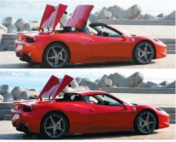 페라리의 하드톱이 접히는 장면. 하드톱이 차체 안으로 들어가기 까지는 14초밖에 걸리지 않는다.