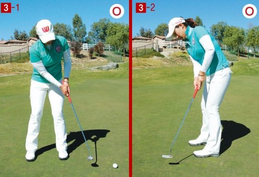 3-2 짧은 거리일수록 더 정교해야 한다. 퍼터 헤드를 스퀘어로 유지하기 위해선 왼팔을 겨드랑이에 붙인 상태에서 그대로 오른쪽 어깨를 밀어주어야 한다.