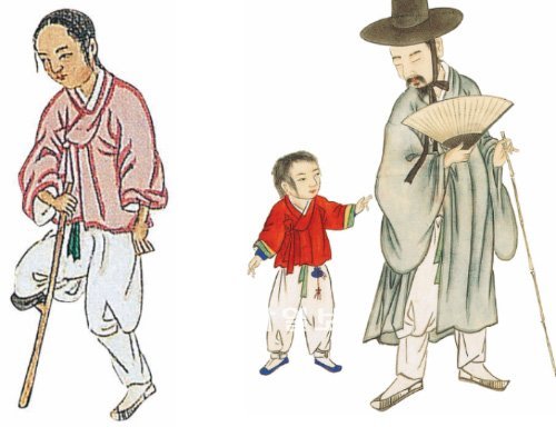 조선 말기 풍속화가 김준근의그림 ‘병신’의 일부(왼쪽)와 ‘소경문수’. 조선시대 장애인들은 지금보다 사회적 편견에서 자유로웠고 궁핍할 때는 집단으로 임금에게 경제적 어려움을 호소하기도 했다. 글항아리 제공