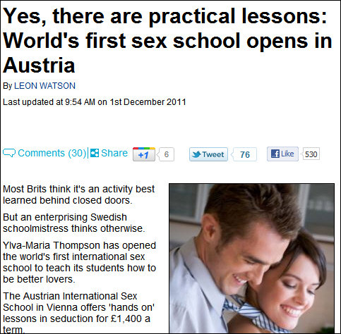 세계 최초 섹스학교 소식을 전하는 영국 일간지 데일리메일.