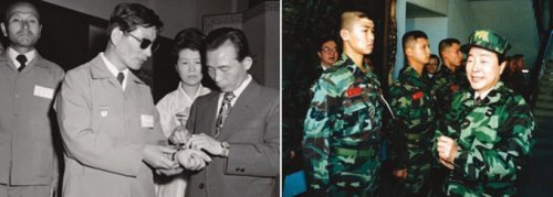 1974년 모범원호대상자에게 시계를 선물하는 박정희 전 대통령(왼쪽). 김영삼 대통령이 1993년 12월 해병청룡부대를 방문해 한 해병으로부터 팔각모를 선물 받고 답례로 손목시계를 풀어주었다.