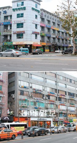 (위)서울 강남구 대치동 학원가 전경. 이곳은 1980년대부터 대로변을 따라 소형 단과학원을 중심으로 형성됐다. (아래)서울 노원구 중계동 은행사거리 일대의 학원가 전경. 2000년대부터 대형 종합학원을 중심으로 형성됐다.