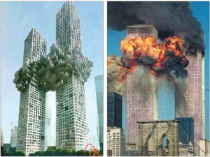 서울 용산국제업무지구에 들어설 예정인 주상복합아파트 ‘더 클라우드’의 디자인(왼쪽)과 2001년 테러 공격을 받은 직후 미국 뉴욕 세계무역센터(오른쪽)의 모습이 비슷하다는 지적이 제기되었다. 동아일보DB·연합뉴스
