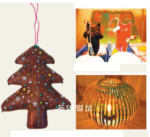 펠트로 만든 크리스마스 트리 장식(왼쪽), ‘눈 가리고 야옹이’ 장식품(오른쪽 위), 캔 플라워(오른쪽 아래).