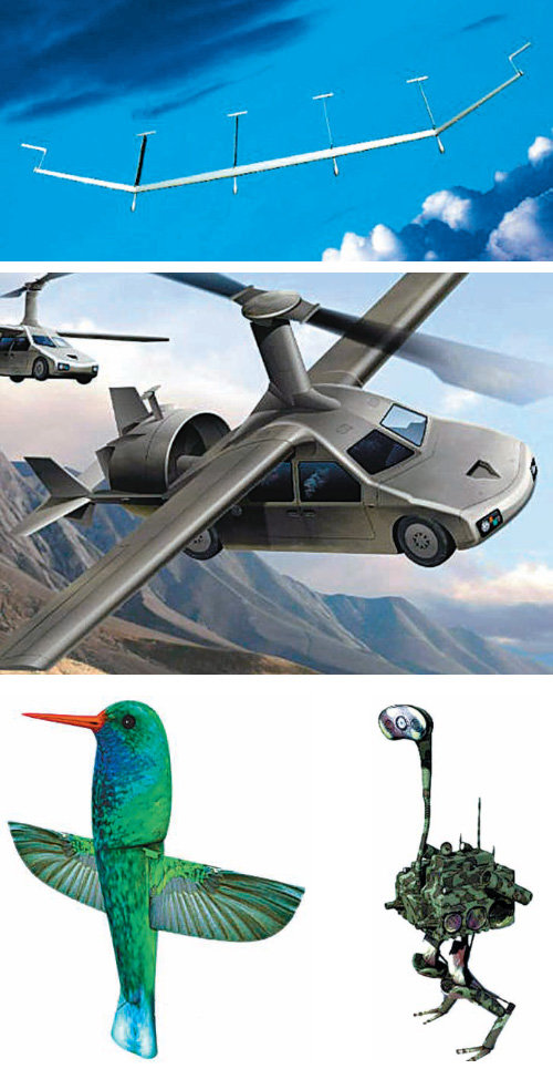 무인정찰기 ‘태양 독수리’. 정보수집 및 정찰용 항공기로 무려 5년 동안 공중에 떠서 임무를 수행할 수 있다(위), 하늘을 나는 자동차. 비행기로 변신해 수직이착륙으로 비행할 수 있다. CNN 홈페이지(가운데), 벌새 로봇 새 모양의 초미니 초경량 비행체로 실내외 임무를 수행할 수 있다(왼쪽 아래). 타조 로봇 출발 15초 만에 시속 36km로 달린다(오른쪽 아래).