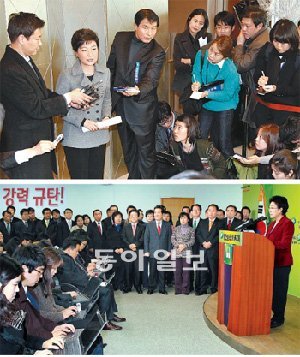 與도 野도 “비상국면” 19일 보도된 김정일 북한 국방위원장의 갑작스러운 사망 소식은 내년 총선, 대선을 앞둔 정국에도 커다란 파장을 일으킬 것으로 보인다. 당장 한나라당의 ‘쇄신’, 민주당의 ‘통합’이란 정치 이슈를 삼키는 블랙홀이 될 것으로 예상된다. 위쪽은 서울 영등포구 영등포동 타임스퀘어에서 열린 한나라당 전국대회에서 비상대책위원장으로 추대된 박근혜 비대위원장이 기자회견을 하고 있는 모습. 아래쪽은 서울 영등포 민주통합당 당사에서 내년 1월 15일 당 대표 경선 출마 의사를 밝히고 있는 한명숙 전 국무총리. 전영한 기자 scoopjyh@donga.com