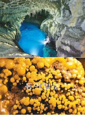 거문오름으로 만들어진 용천굴의 호수(위)와 진주 같은 석회석. 사진제공 제주도