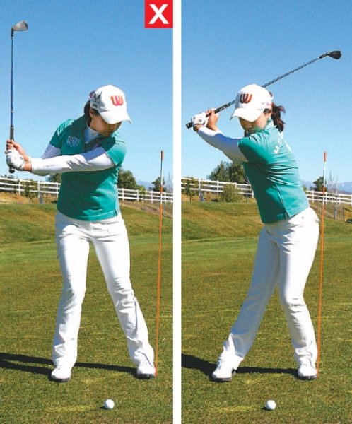 (좌) 롱 아이언 때 가장 주의해야 할 스윙 동작은 다운스윙 때 왼쪽 어깨가 먼저 떨어지는 것이다. 이 자세에서는 손보다 클럽 헤드가 먼저 내려오면서 절대 좋은 샷을 만들어 낼 수 없다.(우) 몸 왼쪽에 가상의 벽이 있다고 생각하자. 막대기 같은 것을 꽂아두고 연습하는 것도 좋은 방법이다. 다운스윙 때 가장 먼저 엉덩이로 벽을 밀어준다는 느낌으로 스윙해보자.