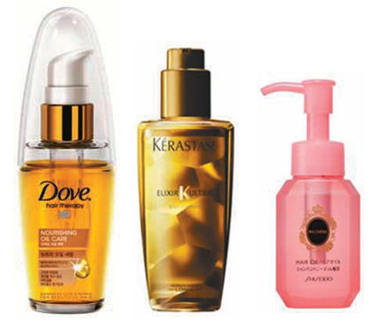 (왼쪽부터)도브 ‘너리싱 오일 케어 뉴트리 오일 세럼’, 케라스타즈 ‘엘릭서 얼팀’, 시세이도 ‘마쉐리 헤어 오일’.