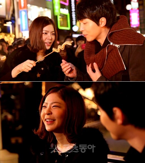 가수 장재인과 류상욱(왼쪽부터)이 명동에서 ‘로맨틱 데이트’를 나누는 모습. 사진제공｜채널A