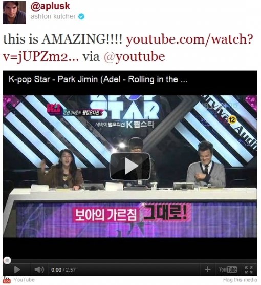 애쉬튼 커쳐의 박지민 언급 [사진 ㅣ 애쉬튼 커쳐 트위터]