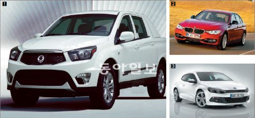 올해 국산차 및 수입차 브랜드들이 선보이는 신차의 종류는 지난해에 비해 줄었지만 각 회사는 ‘검증받은’ 모델의 신차를 통해 판매량을 늘려간다는 계획이다. 쌍용자동차가 12일 선보일 ‘코란도 스포츠’의 기본이 된 콘셉트카 ‘SUT-1’과(①) BMW의 새로운 ‘3 시리즈’(②), 폴크스바겐의 ‘시로코 R 라인’(③). 쌍용자동차·BMW·폴크스바겐 제공