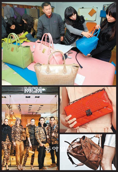 서울 강서구 공항동의 ‘쿠론’ 메인 공장에서 디자이너와 장인들이 제품에 대해 얘기를 나누고 있다. 지난해 12월 MCM이 홍콩 코즈웨이베이에 문을 연 팝업스토어(임시매장), 프리미엄 마케팅을 성공적으로 펼치는 브랜드로 꼽히는 ‘빈폴액세서리’ ‘루이까또즈’의 주요 핸드백 모델들(위부터 시계 반대 방향으로). 원대연 기자 yeon72@donga.com·각 업체 제공