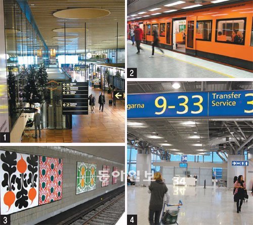 1. 덴마크의 코펜하겐 공항. 원목마루와 부드러운 조명이 아늑한 분위기를 만들어낸다. 2. 핀란드 헬싱키의 지하철역. 핀란드인들은 주황색같이 다루기 어려운 컬러도 감각적으로 잘 소화해낸다. 3. 예술품으로 꾸며진 스웨덴 스톡홀름의 지하철역. 4. 핀란드 헬싱키 공항의 내부 모습. 파란색과 노란색의 안내판이 눈에 잘 들어온다. 탑승구 데스크의 커다란 숫자는 누구나 쉽게 탑승구를 찾을 수 있게 해 준다