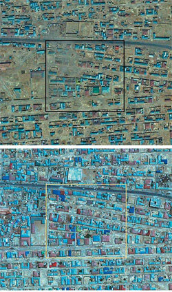 7년 만에 건물 빽빽해진 도심 소말리아 가로웨 시 중심가의 위성사진. 2002년(위 사진)에는 건물이 듬성듬성했지만 2009년에는 빽빽이 들어찼고 자동차도 많이 늘어난 것을 확인할 수 있다. 영국 왕립국제문제연구소 홈페이지