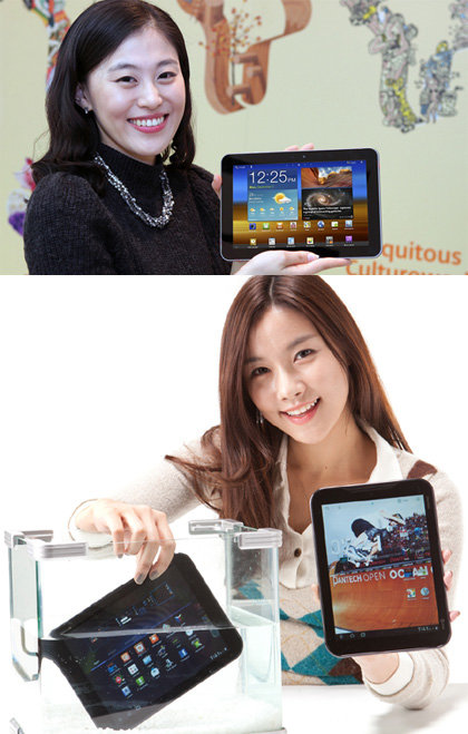 지난해 12월 출시된 국내 첫 LTE용 태블릿PC 삼성전자 ‘갤럭시탭 8.9LTE(위)’와 팬택이 최근 공개한 태블릿 신제품 ‘팬택 엘리먼트’. 사진제공｜SK텔레콤·팬택