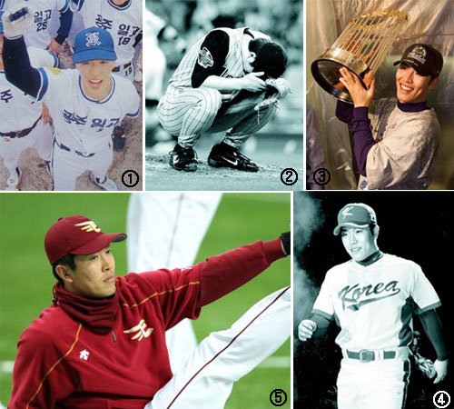 김병현은 광주일고 시절이던 1995년 서재응 최희섭(이상 KIA)과 함께 청룡기 우승을 이끌었다(사진 ①). 그는 2001년 월드시리즈 5차전 9회 동점 2점 홈런을 맞은 뒤 마운드에 주저앉았다(사진 ②). 그러나 애리조나는 결국 4승 3패로 우승을 차지했고 김병현은 한국 선수로는 처음으로 월드시리즈 우승 반지를 꼈다(사진 ③). 김병현은 2009년 제2회 WBC 대표팀에 뽑혀 재기를 노렸지만 전지훈련 출국 전 여권을 분실해 대표팀에서 탈락했다(사진 ④). 그는 지난해 일본프로야구 라쿠텐에 입단했지만 1군 무대를 밟지는 못했다(사진 ⑤). 동아일보DB