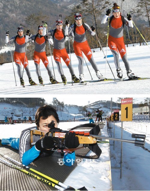 김경남 황혜숙 김용규 허선회 김종민(오른쪽부터) 등 한국 바이애슬론 유망주들이 12일 강원 평창군 알펜시아 바이애슬론 경기장에서 2018 평창 겨울올림픽 메달의 꿈을 키우며 훈련하고 있다(위쪽 사진). 바이애슬론 체험에 나선 본보 유근형 기자가 엎드려쏴 자세로 과녁을 조준하고 있다. 평창=홍진환 기자 jean@donga.com