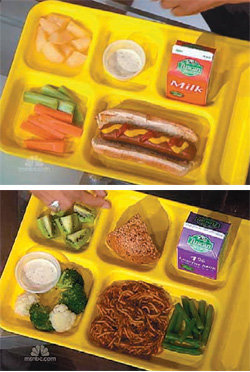 케첩과 머스터드 소스를 듬뿍 뿌린 핫도그와 통조림 과일, 마요네즈, 요구르트 등으로 만든 랜치 소스를 곁들인 기존의 식단(위)은 새 가이드라인에 따라 통밀 파스타와 삶은 콩, 생과일과 저지방 소스, 저지방 우유 식단(아래)으로 바뀐다. MSNBC TV 화면 촬영