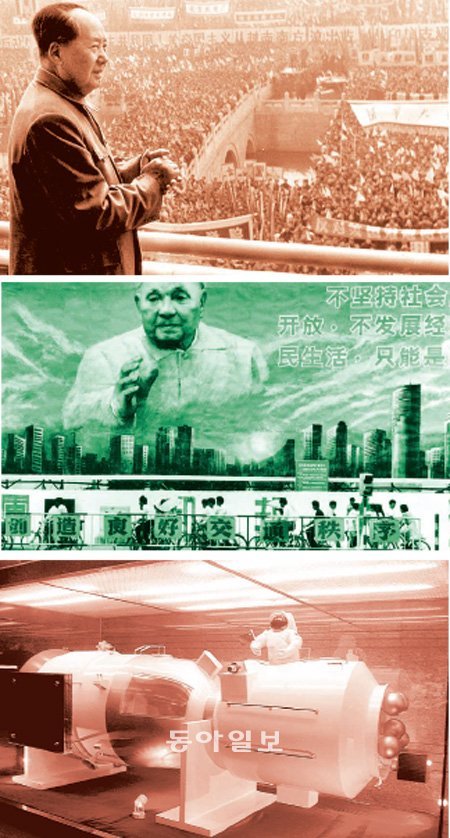 1966년 쯔진청 발코니에서 홍위병을 사열하고 있는 마오쩌둥, 1992년 선전그림 속에서 개혁  재개를 명령하는 덩샤오핑, 
2009년 발사됐던 중국 최초의 우주선과 우주인 모형(위쪽부터) 이 중국의 발전 과정을 상징적으로 보여준다.  푸른숲 제공