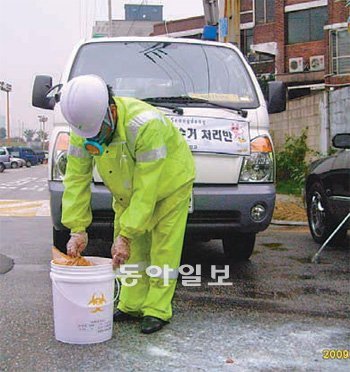 서울시 애완동물사체 처리 기동반이 주택가에서 동물 사체를 치우고 있다. 서울시 제공