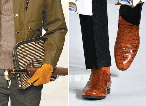 옷 디자인이 클래식하고 무난해진 대신 구두나 소품은 독특한 아이템이 많아졌다. 왼쪽부터 ‘버버리프로섬’의 스터드장식 브리프케이스와 ‘드리스반노튼’의 악어가죽 구두. PFIN 제공