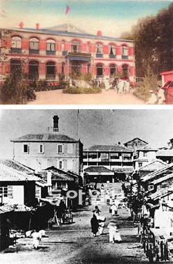 1902년 세워진 손탁호텔 전경(위쪽 사진)과 선교사 헨리 아펜젤러가 1885년 머물렀다는 인천 대불호텔(아래쪽). 왼쪽에 높게 솟아 있는 건물이 대불호텔이다. 롯데호텔박물관·박종만 왈츠와 닥터만 커피박물관 관장 제공