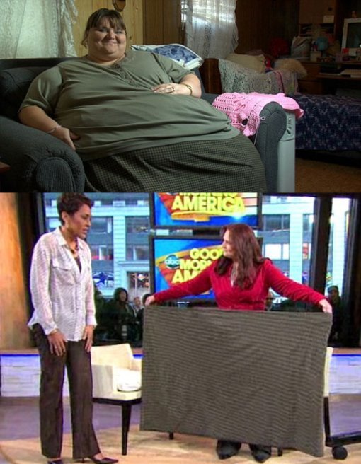 세계 최고 비만녀로 손꼽히던 멜리사 모리스 씨. 다이어트 성공 후 최근 ABC방송에 나와 과거에 입었던 치마를 선보이고 있다.(사진= 데일리메일 캡처)