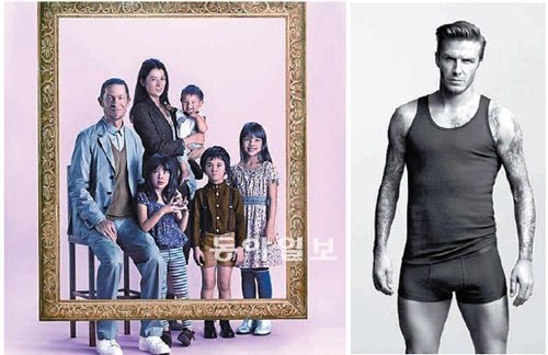 유니클로가 일본 브랜드 ‘언더커버’와 손잡고 가족을 콘셉트로 출시한 제품 광고(왼쪽). 축구스타 데이비드 베컴도 H&M과의 협업으로 속옷 브랜드를 내놓았다. 유니클로·H&M 제공
