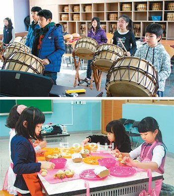 서울 수서초 학생들이 주말학교 난타반에서 북을 치는 모습(위). 이 학교는 이 외에도 가야금 발레 힙합댄스 등 다양한 특기적성 프로그램을 만들었다. 서울 서이초 주말학교 요리반 학생들은 샌드위치와 주먹밥 만드는 법을 배웠다. 수서초·서이초 제공