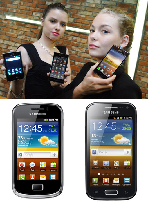 국내 주요 IT 기업들은 27일(현지시간) 스페인 바르셀로나에서 열리는 ‘모바일 월드 콩그레스 2012’에서 신제품 스마트폰을 대거 선보인다. LG전자의 새 스마트폰 디자인 ‘L-스타일’(위)과 삼성전자의 보급형 스마트폰 ‘갤럭시 미니2’(아래 왼쪽), ‘갤럭시 에이스2’. 사진제공｜삼성전자·LG전자