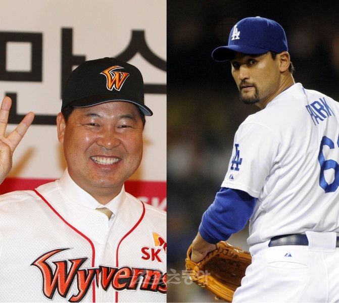 이만수 감독(왼쪽) 박찬호. 스포츠동아DB