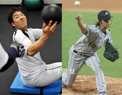 김현수(왼쪽) 다르빗슈. 사진제공｜두산베어스, 동아일보DB