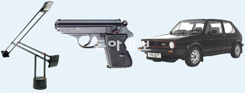 세 디자인의 공통점은? 조명 스탠드 티치오(왼쪽)와 폴크스바겐의 골프 GTI(오른쪽)는 독일 경찰들이 쓰던 발터 PPK 권총(가운데)과 ‘은밀하게’ 닮았다. 검은색 바탕에 빨간색을 미세하게 가미한 디자인은 불길하면서도 치명적인 매력을 암시한다. 홍시 제공