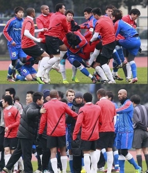 중국 프로축구 도중 벌어진 난투극. 사진 출처=영국 데일리메일 보도 캡쳐