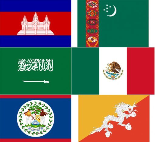 맨위 왼쪽부터 시계 방향으로 캄보디아, 투르크메니스탄, 멕시코, 부탄, 벨리즈, 사우디 아라비아(출처= 커뮤니티 게시판)