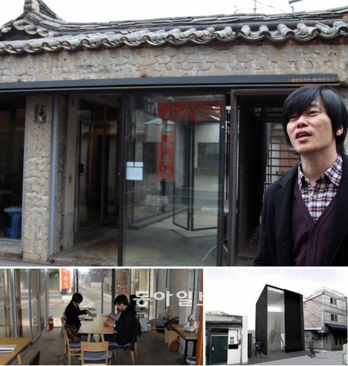 위부터 시계 방향으로 서울 종로구 통인동 이상의 집터 앞에서 이상의 생애에 대해 설명하고 있는 문학평론가 함돈균 씨. 이상의 집터에 신축을 검토 중인 2층짜리 ‘이상의 방’ 조감도. 세미나와 모임 장소로 활용되고 있는 ‘이상의 방’ 내부. 김경제 기자 kjk5873@donga.com