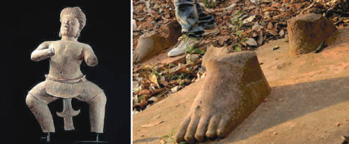 발과 받침대가 손상된 크메르제국의 용사상(왼쪽). 조각의 발과 받침대는 캄보디아 코케르 사원에 그대로 남아 있다. 사진 출처 뉴욕타임스 홈페이지