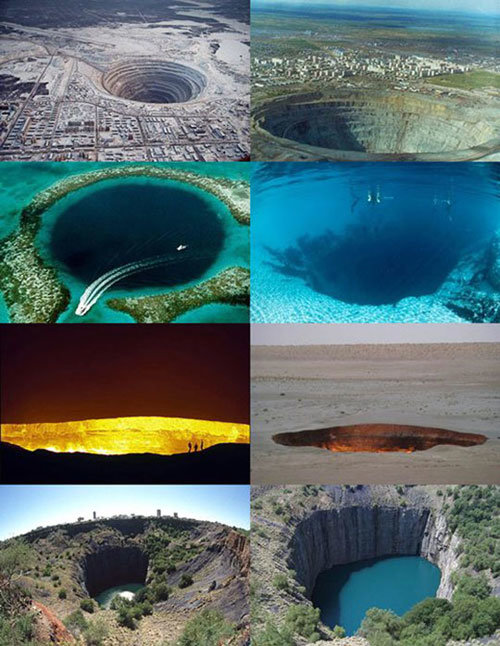 ‘지구에서 가장 큰 구멍’. 미르 광산, 그레이트 블루 홀, 불 타는 문, 킴벌리 빅홀 (위에서부터 두장씩 순서대로, 출처= 커뮤니티 게시판)